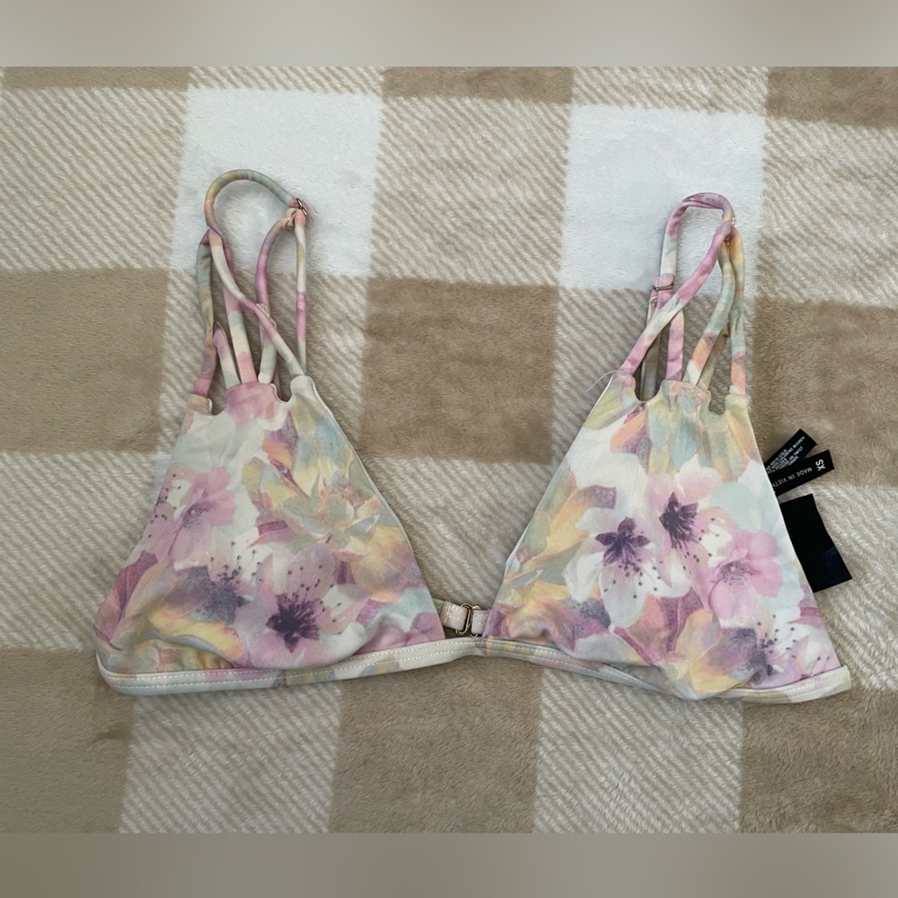 Floral Bikini Top with Strappy Design Pastel Watercolor Design size XS